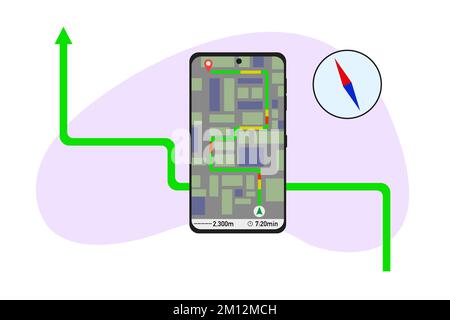 Navigation GPS cartographique, application de carte pour smartphone et point rouge à l'écran, navigation de carte de recherche d'application, arrière-plan de cartes en ligne isolées, vecteur Illustration de Vecteur