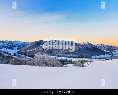 Forêt enneigée avec vue sur le lac Aegeri derrière Rigi et Pilatus, Gottschalkenberg, canton de Zug, Suisse, Europe Banque D'Images