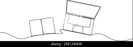 dessin continu d'un ordinateur portable et d'un livre ou journal, illustration vectorielle Illustration de Vecteur