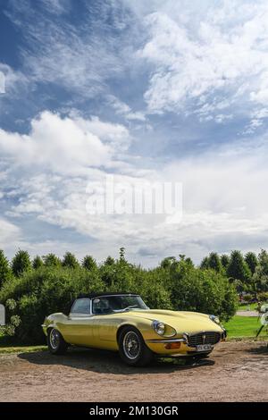 Schwetzingen, Bade-Wurtemberg, Allemagne, Concours d'Elégance dans le parc du château, Jaguar E-Type, série 3, V12, construit en 1972, déplacement de 5307 cc, 240 hp, au festival automobile classique. Banque D'Images