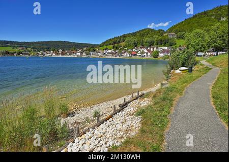 Sentier de randonnée au Lac de Joux, le Pont, Canton de Vaud, Suisse, Europe Banque D'Images