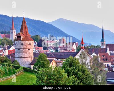 Roseraie derrière la Tour Capuchin, église, vieille ville et Rigi, Zug, canton de Zug, Suisse, Europe Banque D'Images