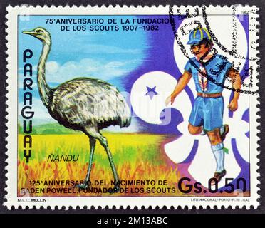 Timbre-poste annulé imprimé par le Paraguay, qui montre la Grande Rhea (Rhea americana), le mouvement des scouts de 75th, vers 1982. Banque D'Images