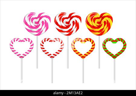 Sucettes en forme de coeur coloré. Illustration vectorielle pour la Saint-Valentin, le mariage, l'anniversaire. Vecteur défini sur fond blanc. Illustration de Vecteur