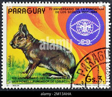 Timbre-poste annulé imprimé par le Paraguay, qui montre Mara (Dolichotis patagonum), le 75th anniversaire du mouvement des scouts, vers 1982. Banque D'Images