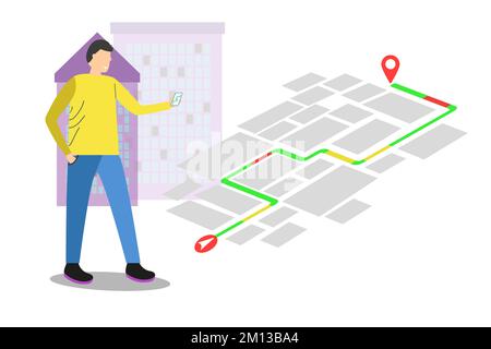 Les illustrations présentent des plans de localisation de concept avec suivi de route pour la conduite de destination par GPS Navigator. Point d'attache sur la direction. Vecteur isométrique Illustration de Vecteur