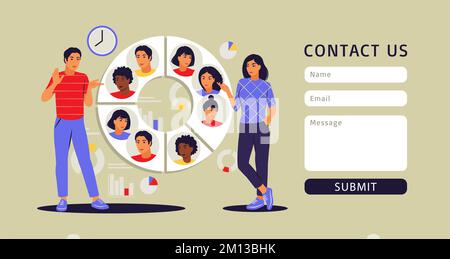 Concept de segmentation du public. Formulaire de contact. Personnes près d'un grand graphique circulaire avec des images de personnes. Illustration vectorielle. Plat. Illustration de Vecteur