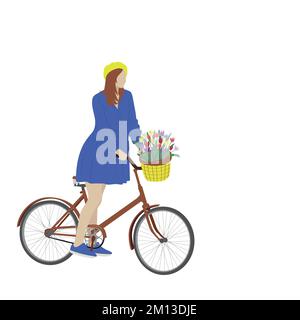 Fille avec un vélo et des fleurs. Illustration vectorielle. Illustration de Vecteur