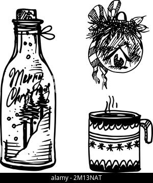 Noir Monochrome couleur Illustration pour Joyeux Noël et Joyeux nouvel an imprimé. Pot en verre, thé chaud et boule de Noël. Conception de page de livre de coloriage pour Illustration de Vecteur