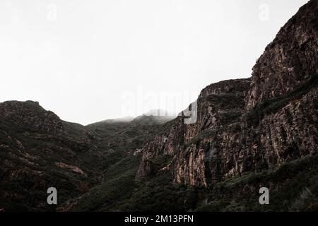 Texture rocheuse des montagnes de la forêt Laurissilva recouverte de brouillard et d'un ciel blanc pâle sur l'île de Madère, au Portugal. Arrière-plan paysage Banque D'Images