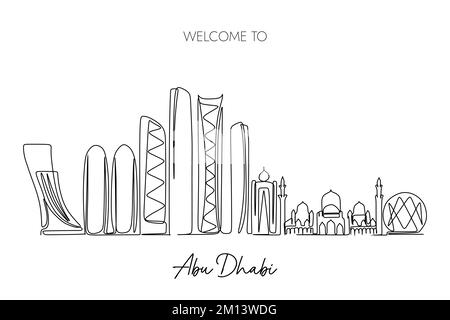 Une ligne continue représentant les gratte-ciel de la ville d'Abu Dhabi. Destination touristique de renommée mondiale. Conception simple de style dessiné à la main pour le voyage et le tourisme Illustration de Vecteur