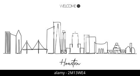 Un dessin en ligne continue de la ligne d'horizon de Houston avec texte Bienvenue à Houston. Célèbre destination touristique aux États-Unis. Design simple dessiné à la main Illustration de Vecteur