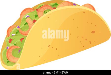 Taco Mexicano avec crevettes et guacamole. Illustration de la cuisine américaine latino-américaine dans un style de dessin animé Illustration de Vecteur