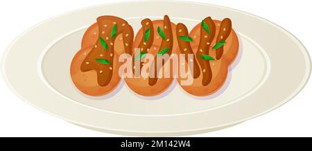 Plat japonais Takoyaki sur une assiette. Illustration de la cuisine asiatique isolée sur fond blanc dans un style de dessin animé Illustration de Vecteur