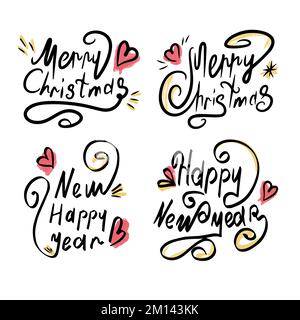 Ensemble d'inscriptions calligraphiques. Bonne année et Joyeux Noël. Belle police noire avec tourbillons et éléments colorés. Modèle de conception pour Illustration de Vecteur