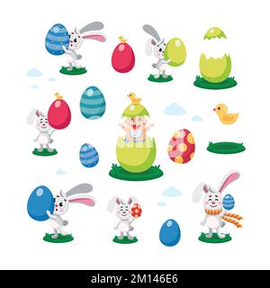 Joyeuses pâques, chasse aux œufs, illustrations vectorielles plates pour enfants. Ensemble d'éléments de pâques - bannies, lièvres, lapins, nouveau-né bébé, oeufs peints. Plat coloré Illustration de Vecteur