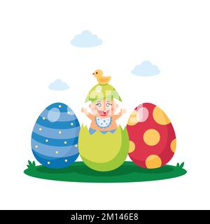 Nouveau-né avec œufs peints Pâques enfants illustration vectorielle, bannière, carte postale, affiche, illustration de livre, circulaire. Illustration de Vecteur