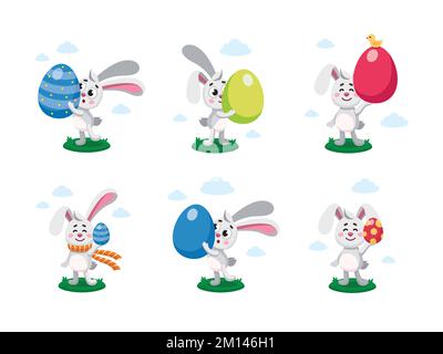 Joyeuses pâques, chasse aux œufs, illustration vectorielle pour enfant. Ensemble de bannies de pâques, lièvres, lapins avec œufs peints. Illustration vectorielle plate colorée isol Illustration de Vecteur