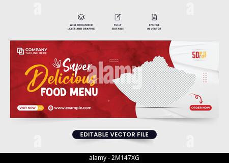 Super délicieux menu de nourriture en ligne publicité bannière design pour le marketing des médias sociaux. Vecteur de bannière Web commerciale avec couleurs rouge et jaune pour r Illustration de Vecteur