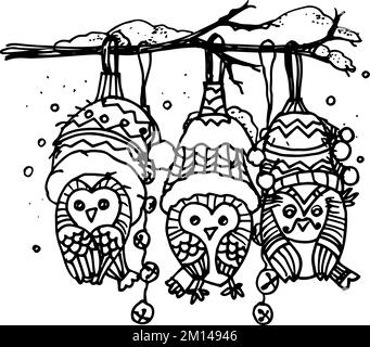 Noir Monochrome couleur Illustration pour Joyeux Noël et Joyeux nouvel an imprimé. Jouet Owls sur branche. Coloriage Book page Design pour adultes ou enfants Illustration de Vecteur