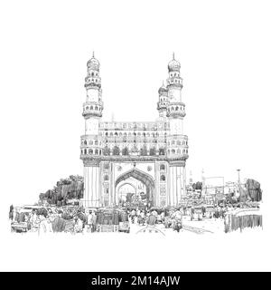 Charminar Hyderabad Inde, illustration ou croquis, illustration dessinée à la main, illustration sur fond blanc attraction touristique indienne Charminar Mahal Banque D'Images