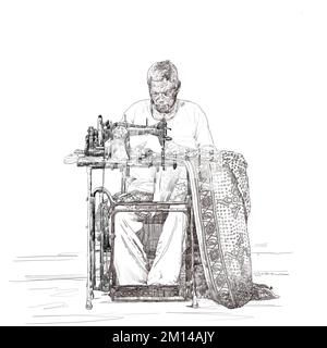 homme tailleur assis à table et couture sur machine à l'atelier atelier d'atelier. Outil de couture de l'industrie sur mesure. Métier et métier de designer de mode Banque D'Images