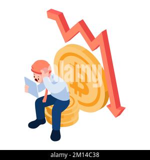 Flat 3D Isométrique choqué homme d'affaires avec la chute du graphique Bitcoin. Bitcoin et Crypto Markets Crash concept. Illustration de Vecteur