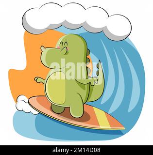 Un dinosaure mignon a décidé de surfer sur les grandes vagues Illustration de Vecteur