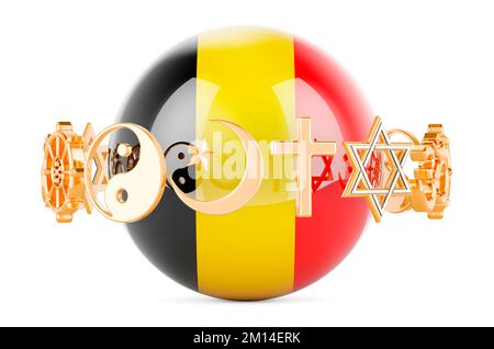 Drapeau belge peint sur sphère avec des symboles religieux autour, 3D rendu isolé sur fond blanc Banque D'Images