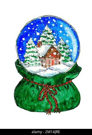 Boule de verre avec une maison de neige et arbres de Noël joyeux isolés. Aquarelle à la main. Décoration jouet nouvel an. Hiver décembre humeur. Décor de vacances. Illustration du globe de neige. Peinture conception faite à la main Banque D'Images