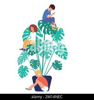 Les jeunes s'assoient sur des feuilles de monstère. Protection de l'environnement. Symbole . Illustration de Vecteur