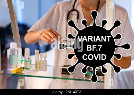 BF.7. Nouvelle variante du coronavirus SRAS-COV-2. Sous-variante d'Omicron. Conception horizontale. Conception de virus et texte noir. Coronavirus. Banque D'Images