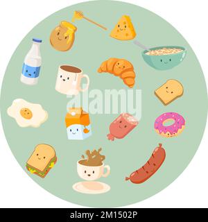 Mignonne de dessin animé éléments de petit déjeuner avec céréales croissant lait fromage thé. Vecteur Premium Illustration de Vecteur