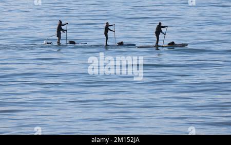 Brighton, Royaume-Uni. 10th décembre 2022. Paddle Boarders paddle sur les eaux calmes sous un beau soleil ce matin au large de la plage de Brighton. Credit: James Boardman / Alamy Live News Banque D'Images