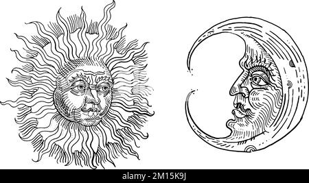 Soleil et lune vintage. Gravure dessinée à la main, illustration de stylo à encre de style médiéval vintage. Symboles astrologiques anciens. Motif tatouage. Ésotérique, occulte, Illustration de Vecteur