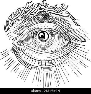 L'œil de la Providence. Œil tout-en-un avec rayons de lumière. Gravure dessinée à la main, illustration à l'encre de style médiéval vintage. Motif tatouage. Masonic, Illuminati Illustration de Vecteur