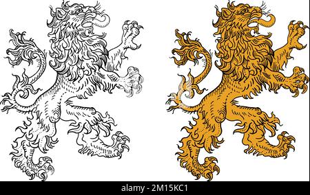 Lion héraldique debout en train de défiler sur ses pattes arrière. Illustration vectorielle de style gravure médiévale avec coupe de bois. Armoiries, histoire, fantaisie, mythologie, comme Illustration de Vecteur