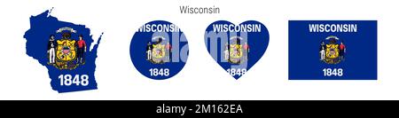 Ensemble d'icônes de drapeau Wisconsin. Pennant de l'État américain dans les couleurs et les proportions officielles. Rectangulaire, en forme de carte, en forme de cercle et de coeur. Illustrationratio plat Banque D'Images