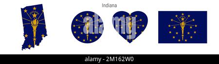 Ensemble d'icônes de drapeau Indiana. Pennant de l'État américain dans les couleurs et les proportions officielles. Rectangulaire, en forme de carte, en forme de cercle et de coeur. Illustration plate Banque D'Images