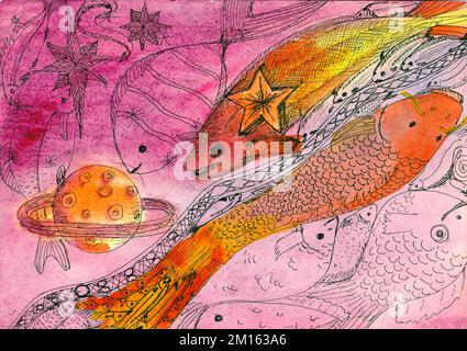 Abstraction d'aquarelle multicolore. Poisson rose et orange. Arrière-plan lumineux. Illustration. Peinture conception faite à la main. Doublure tirée à la main. Banque D'Images