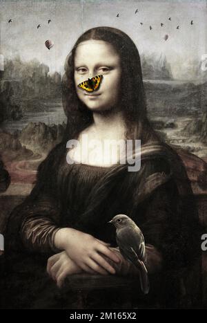 Mona Lisa de Léonard de Vinci avec un papillon sur le nez et un oiseau sur son bras Banque D'Images