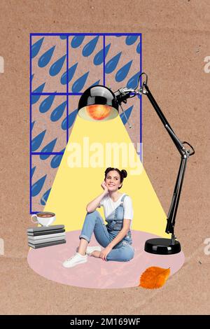 Image de collage vertical de la petite fille positive d'esprit sous la lampe de table pomme au lieu de lumière bulbe dessin fenêtre pluvieux temps Banque D'Images