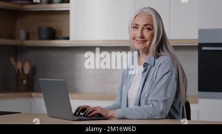 Caucasien enseignant senior personnes âgées femme d'intérieur femme d'affaires grand-mère femme grise-cheveux femme travail sur ordinateur portable dans la cuisine utilisation à la maison wi-fi réservation de billets chat Banque D'Images