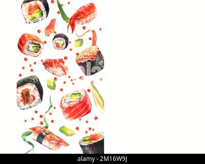 Motif aquarelle avec sushi. Résumé de la nourriture. Sushi volant, sashimi et petits pains isolés sur fond blanc. Pour le restaurant sushi design Banque D'Images