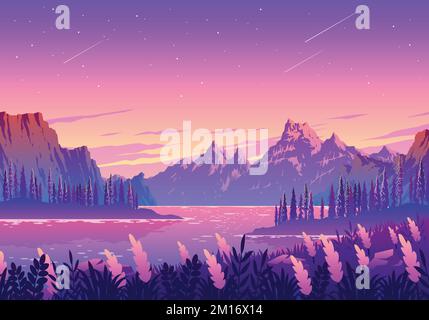 Un vecteur d'un paysage avec des arbres forestiers autour du lac et des montagnes en arrière-plan Illustration de Vecteur