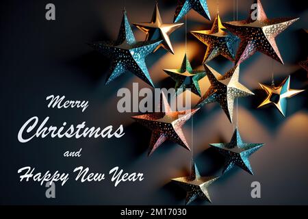 Étoiles brillantes sur fond sombre avec les mots Joyeux Noël et une bonne année Banque D'Images