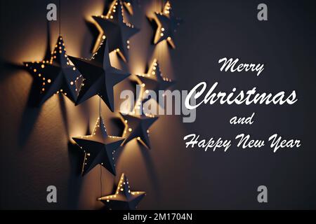 Étoiles brillantes sur fond sombre avec les mots Joyeux Noël et une bonne année Banque D'Images