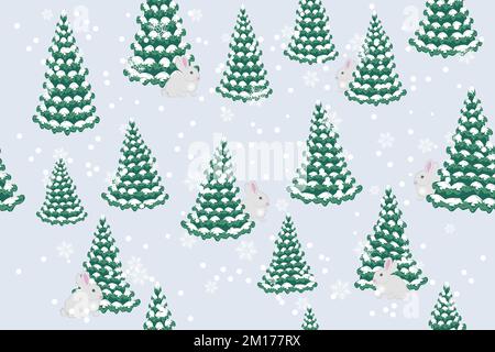Forêt d'hiver - dessins animés arbres de Noël, lapins et neige, sans couture Illustration de Vecteur