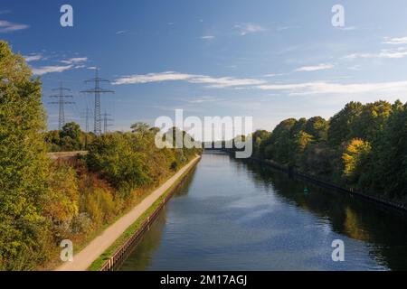 La rivière coule à travers les arbres. Des tours de lignes électriques à l'horizon. Jour ensoleillé et nuages sur le ciel. Banque D'Images