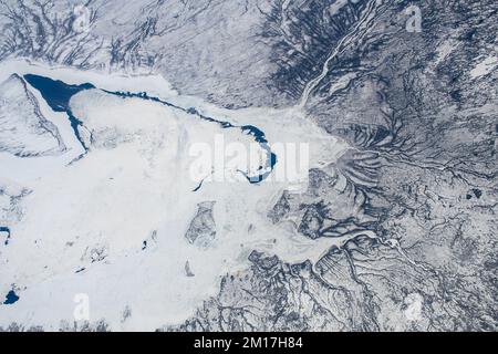 Vue d'Ariel sur la pointe sud gelée de la baie d'Hudson au Canada. Amélioration numérique. Éléments de cette image fournis par la NASA. Banque D'Images